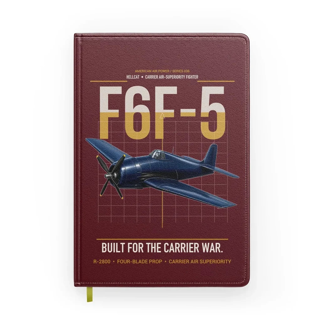 F6F-5 Hellcat design on dark red notebook