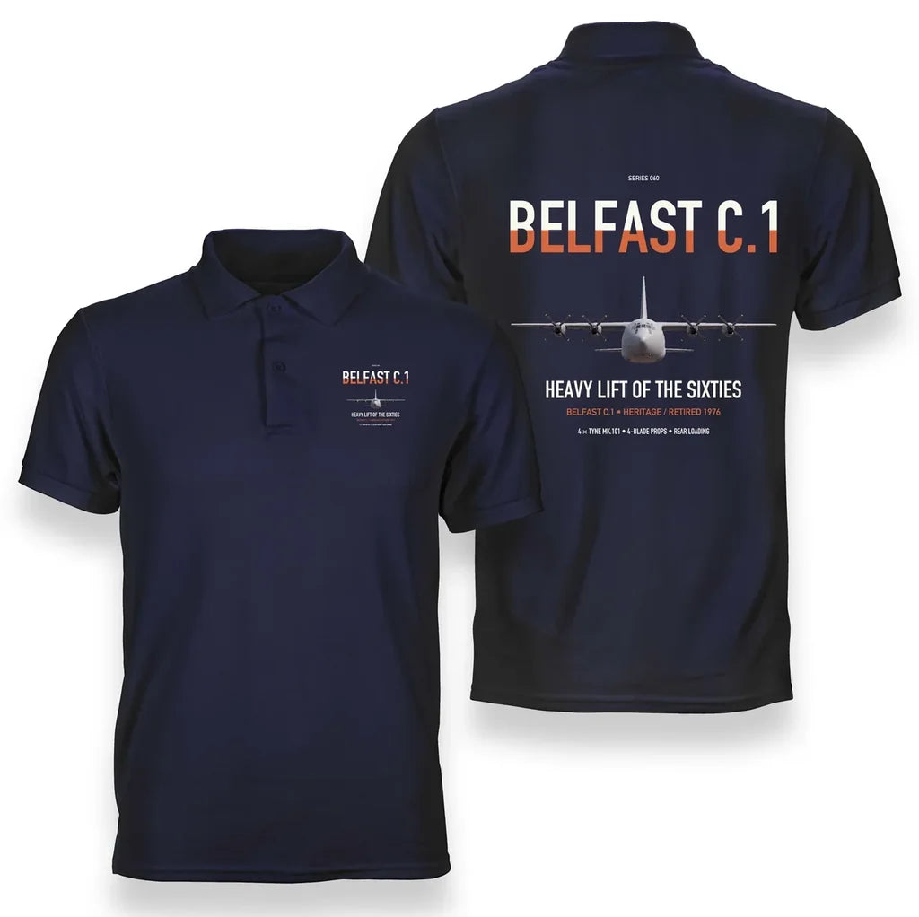 Short Belfast C.1 design on navy blue double-side polo t-shirt, double-side print