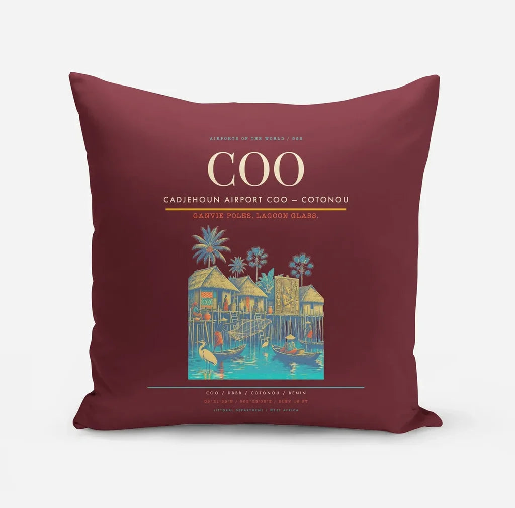 Cadjehoun Airport (COO) design on dark red pillow