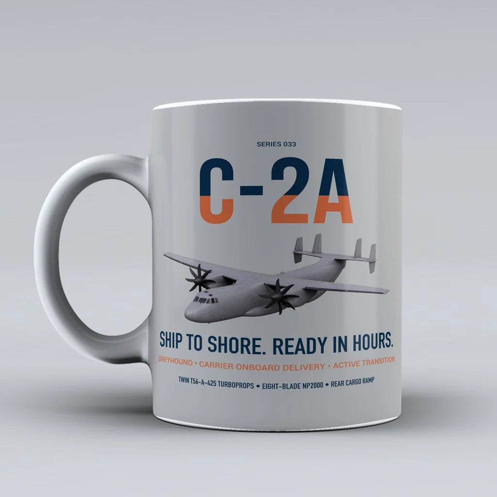 C-2A Greyhound design on light gray ceramic mug, double-side print