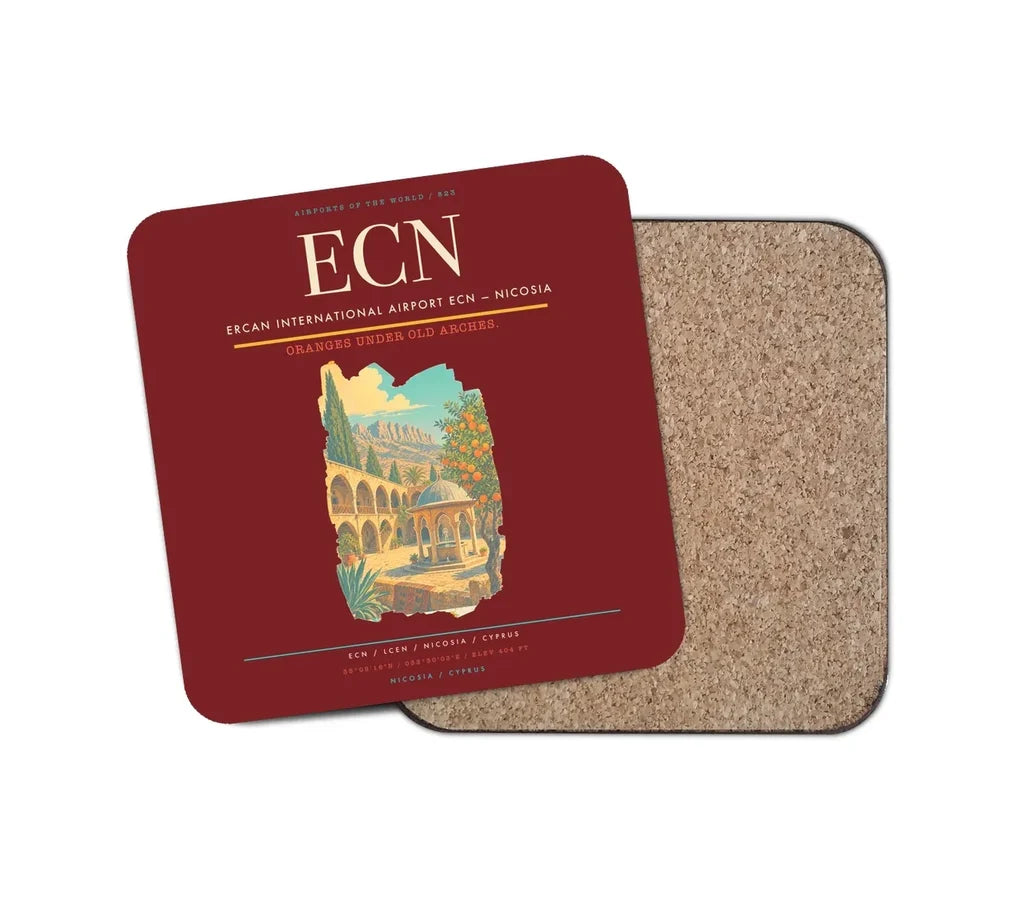 Ercan International Airport (ECN) design on dark red 1 piece coaster