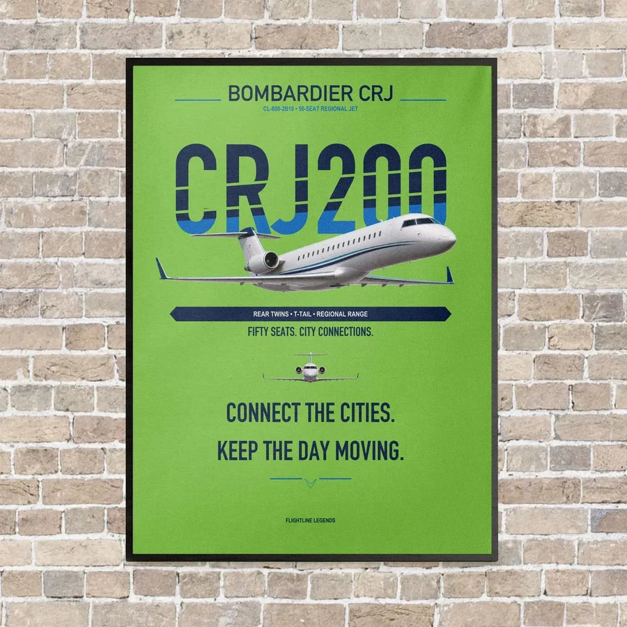 Bombardier CRJ200 vertical canvas print - framed - light green background
