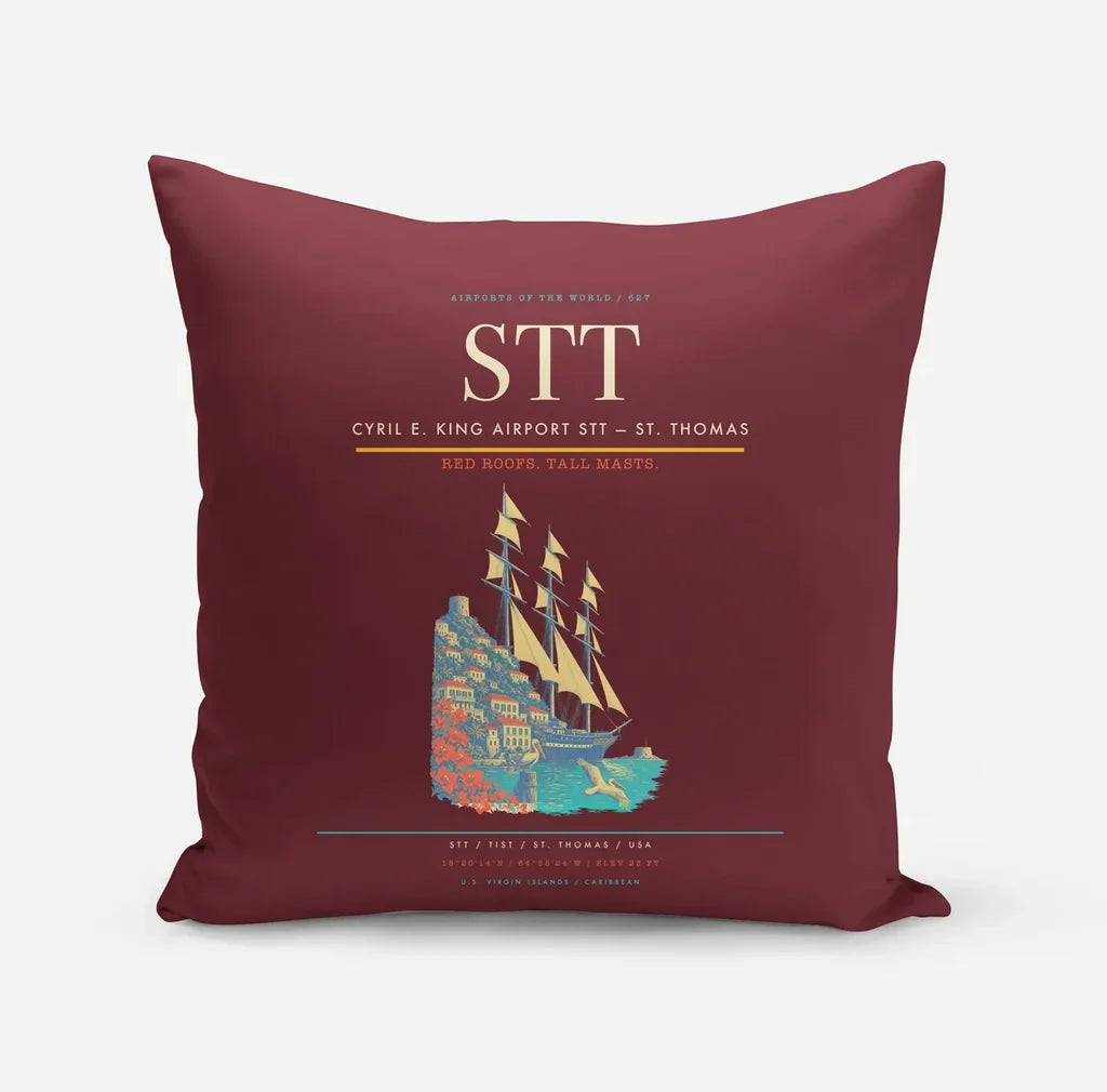 Cyril E. King Airport (STT) design on dark red pillow