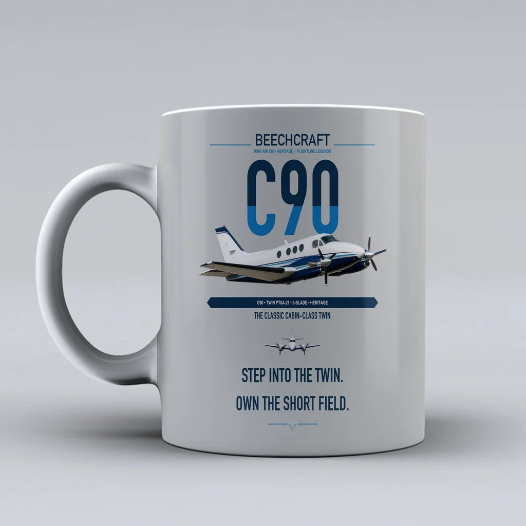 Beechcraft King Air C90 design on light gray ceramic mug, double-side print