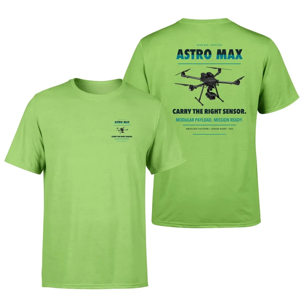 Freefly Astro Max design on light green t shirt
