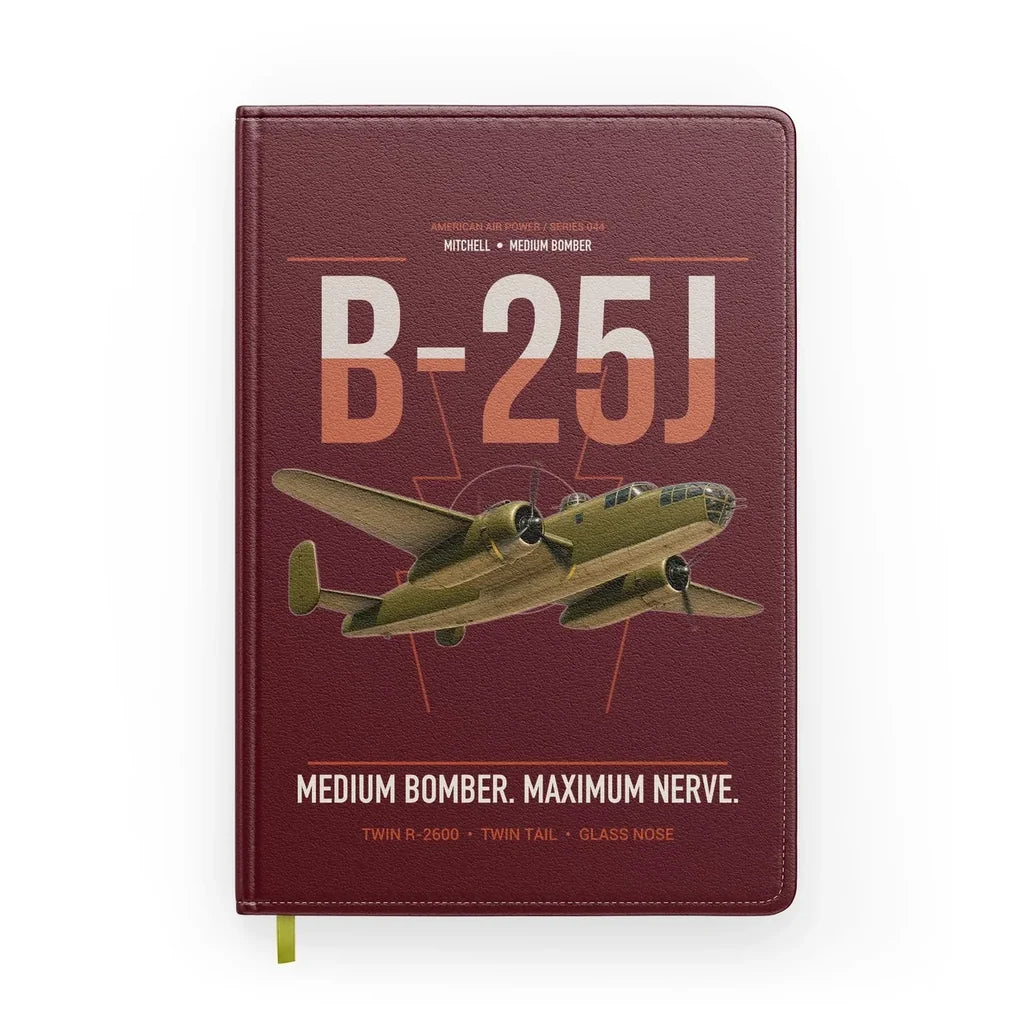 B-25J Mitchell design on dark red notebook