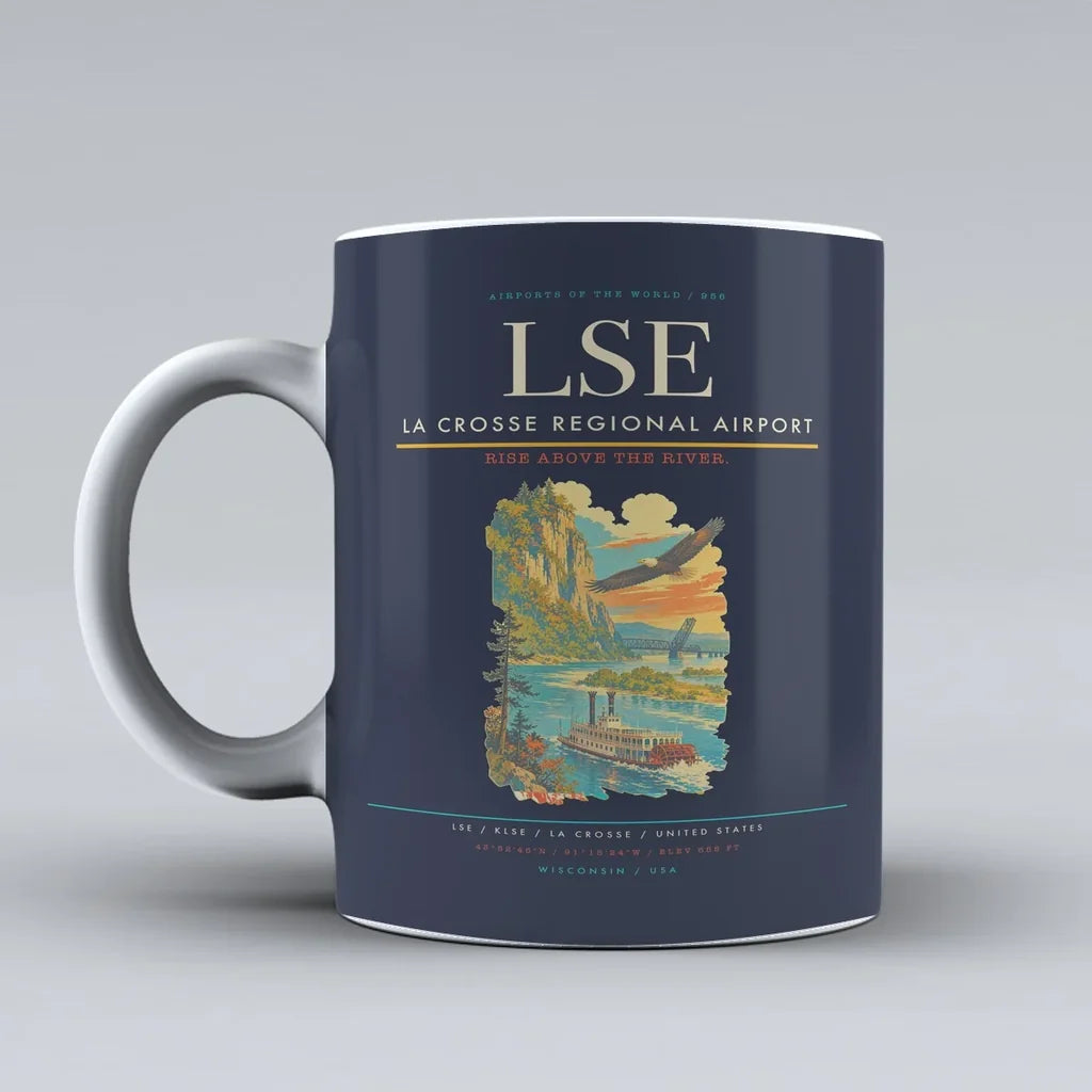 La Crosse Regional Airport (LSE) airport code design on dark blue ceramic mug