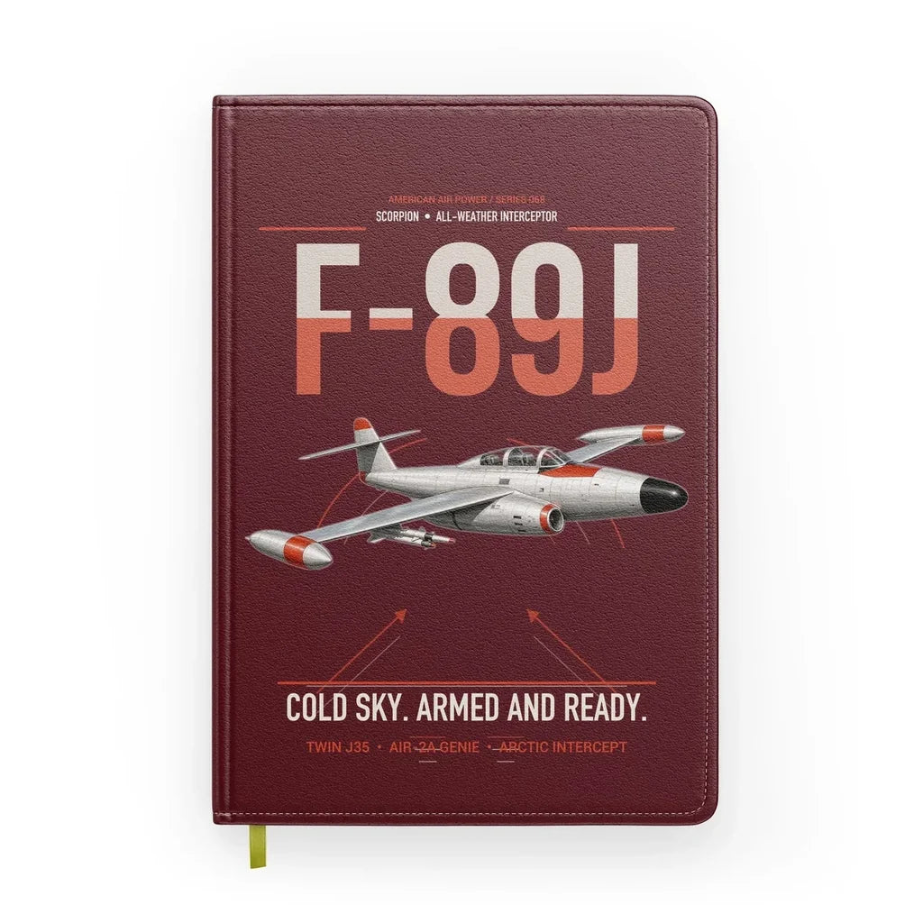 F-89J Scorpion design on dark red notebook
