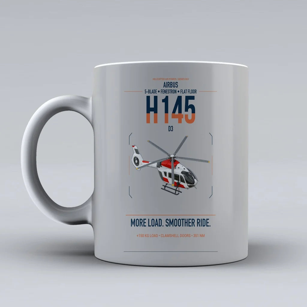 Airbus H145 D3 design on light gray ceramic mug, double-side print