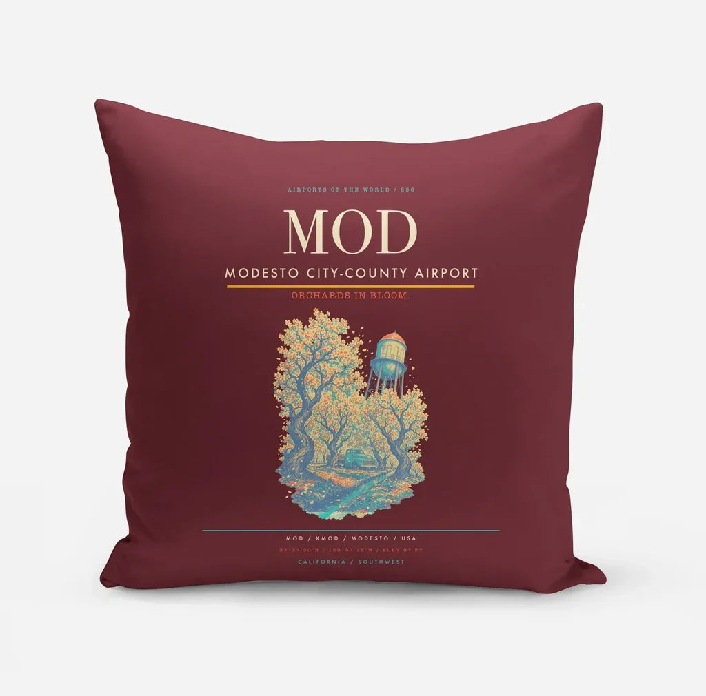 Modesto City-County Airport (MOD) design on dark red pillow