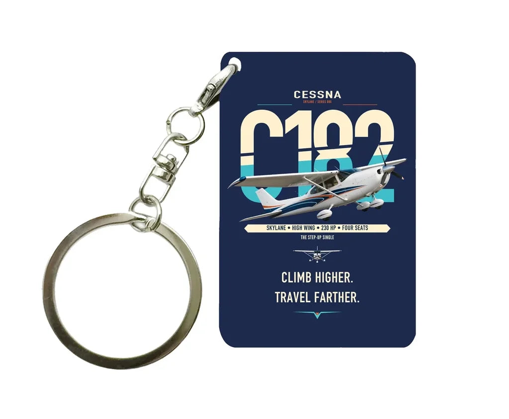 Cessna 182 Skylane design on navy blue designed key chain, double-side print