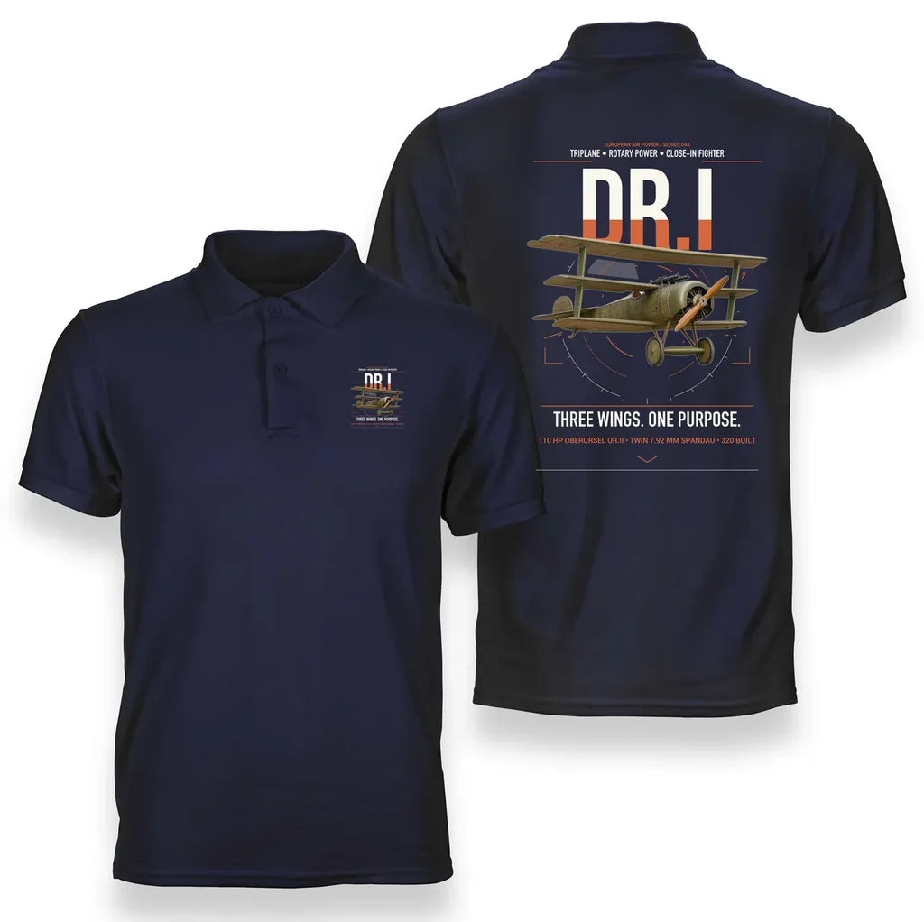 Fokker Dr.I design on navy blue double-side polo t-shirt, double-side print