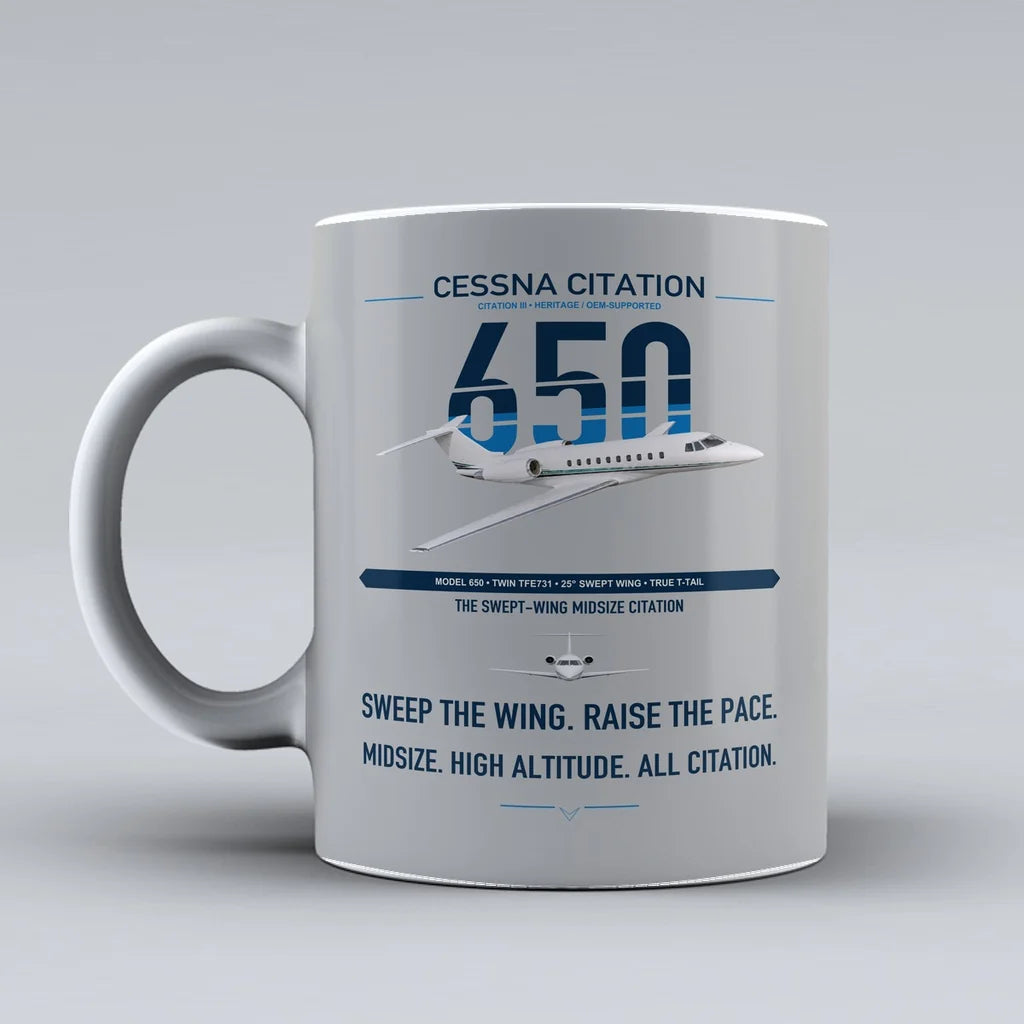 Cessna Citation 650 - Citation III design on light gray ceramic mug, double-side print