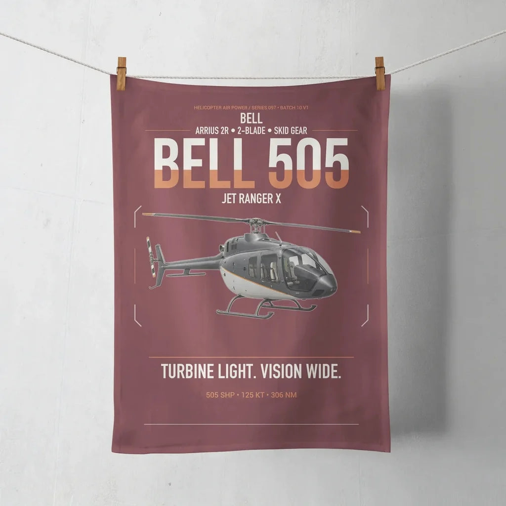 Bell 505 Jet Ranger X design on dark red towel