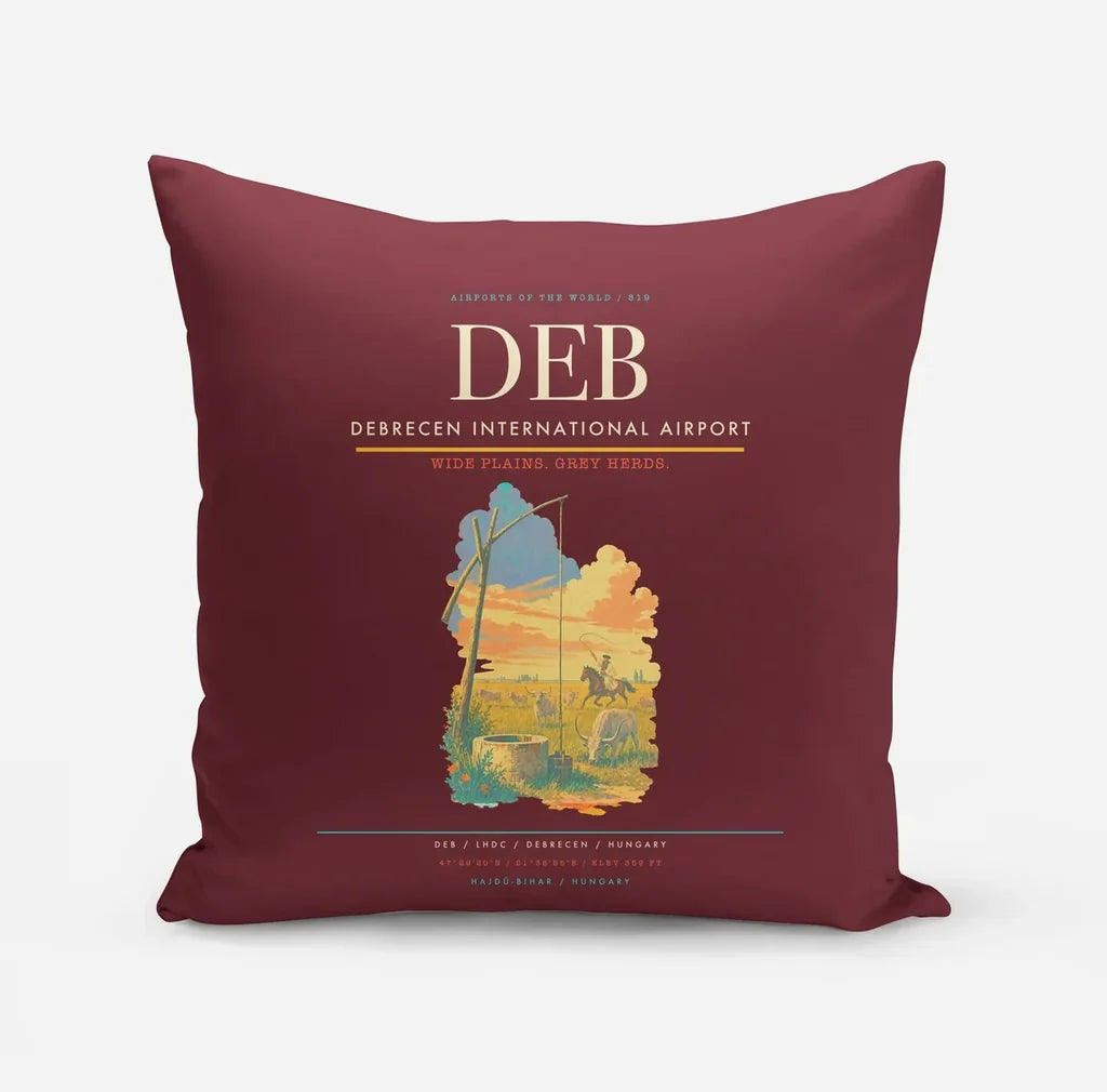 Debrecen International Airport (DEB) design on dark red pillow