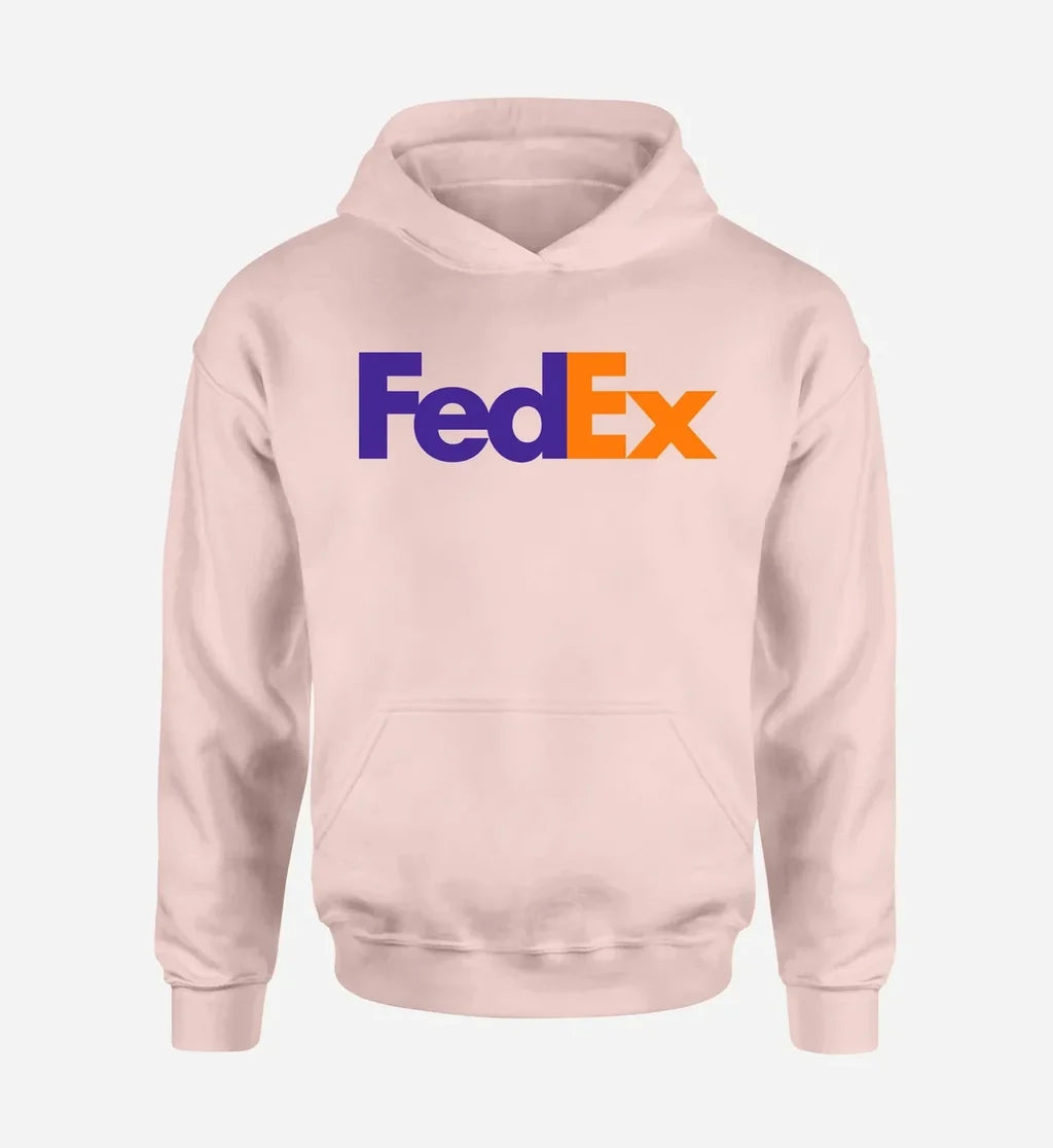 FedEx logo printed on pink hoodie