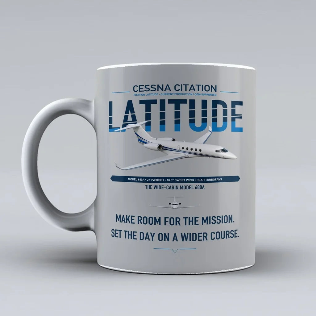 Cessna Citation Latitude design on light gray ceramic mug, double-side print