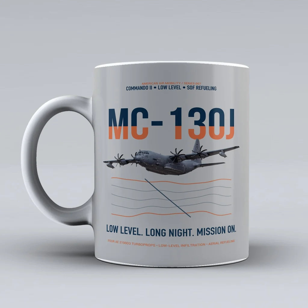 MC-130J COMMANDO II design on light gray ceramic mug, double-side print