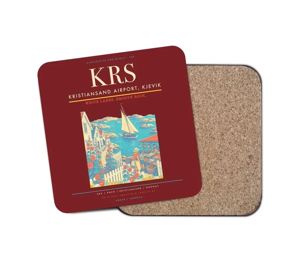 Kristiansand Airport, Kjevik (KRS) design on dark red 1 piece coaster