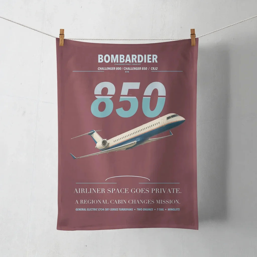 Bombardier Challenger 850 design on dark red towel