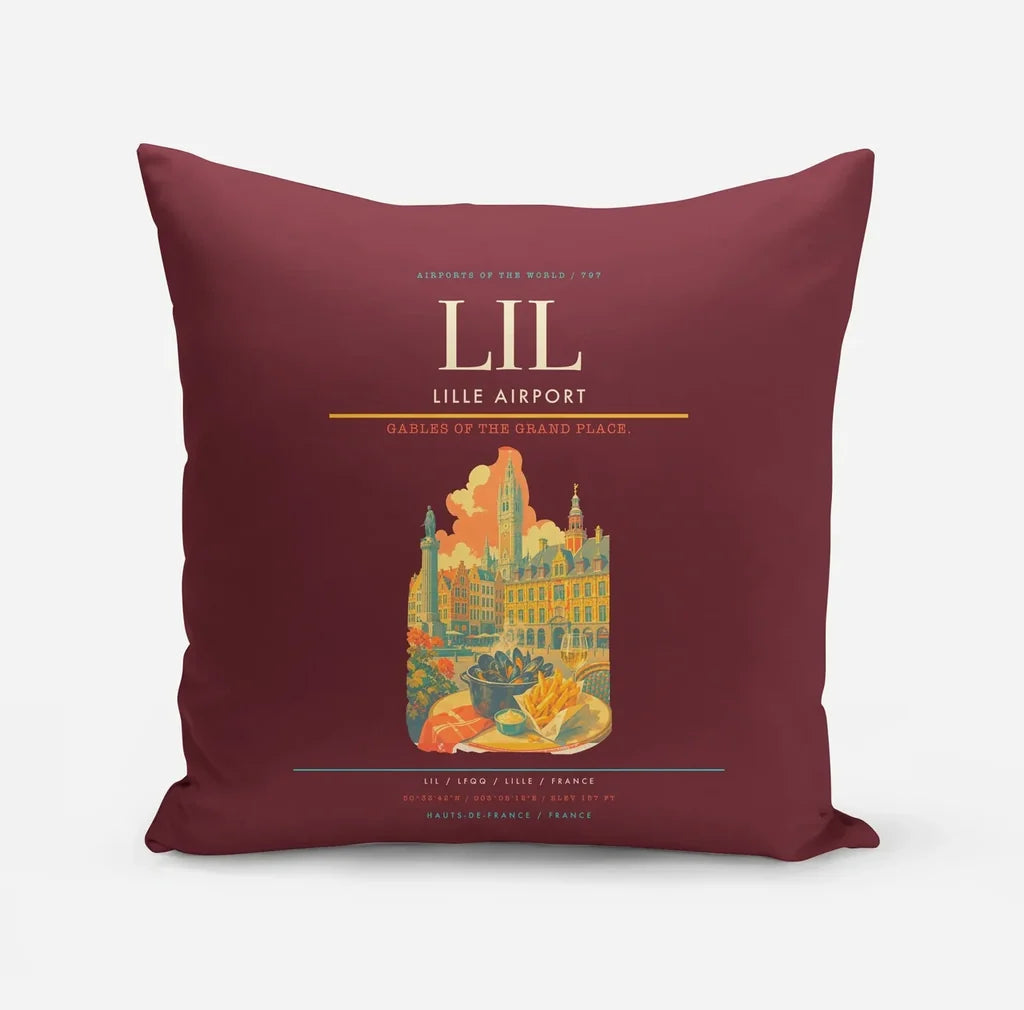 Lille Airport (LIL) design on dark red pillow