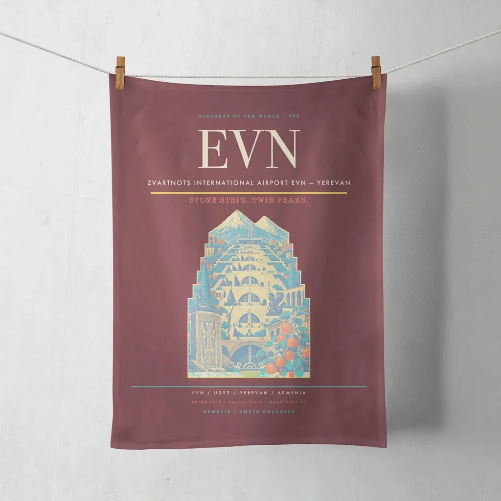Zvartnots International Airport (EVN) design on dark red towel