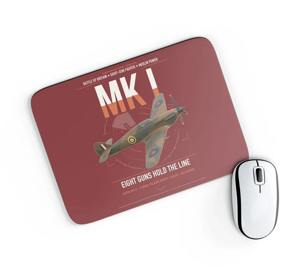 Hawker Hurricane Mk I design on dark red rectangle mouse pad