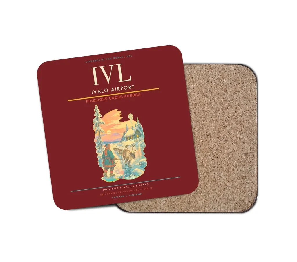 Ivalo Airport (IVL) design on dark red 1 piece coaster