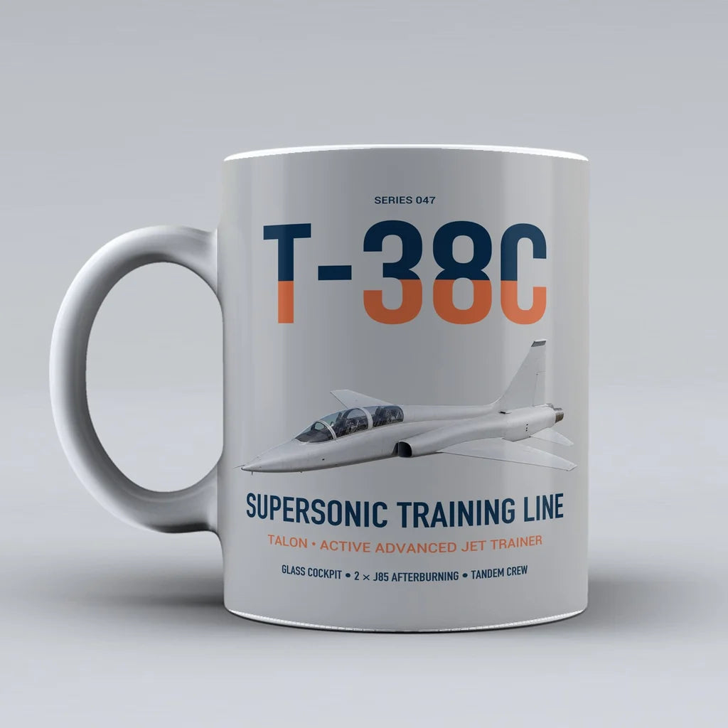 T-38C Talon design on light gray ceramic mug, double-side print