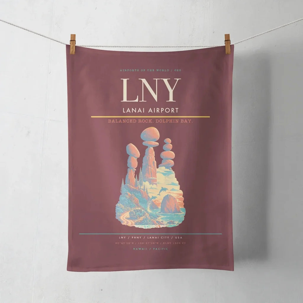 Lanai Airport (LNY) design on dark red towel