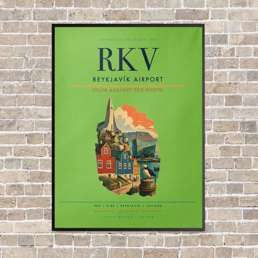 Reykjavík Airport RKV vertical canvas print - framed - light green background