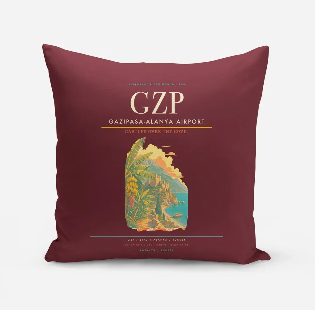 Gazipasa-Alanya Airport (GZP) design on dark red pillow