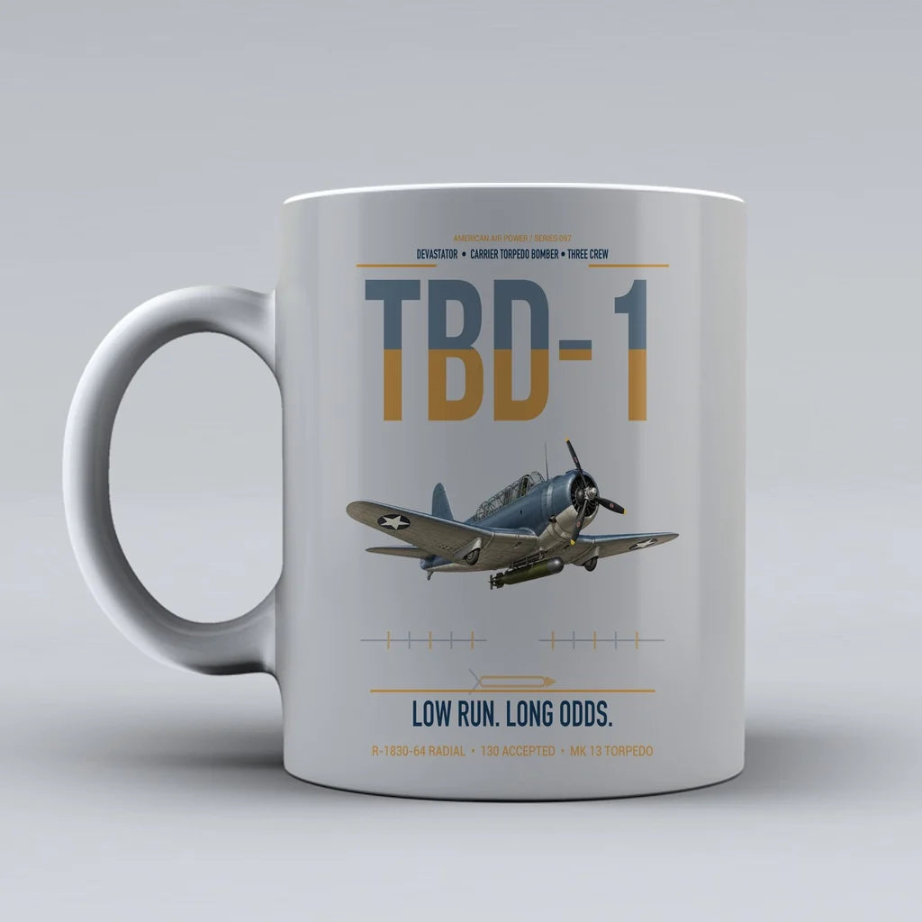 TBD-1 Devastator design on light gray ceramic mug, double-side print