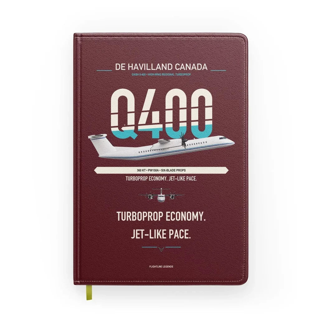 De Havilland Dash 8-400 design on dark red notebook