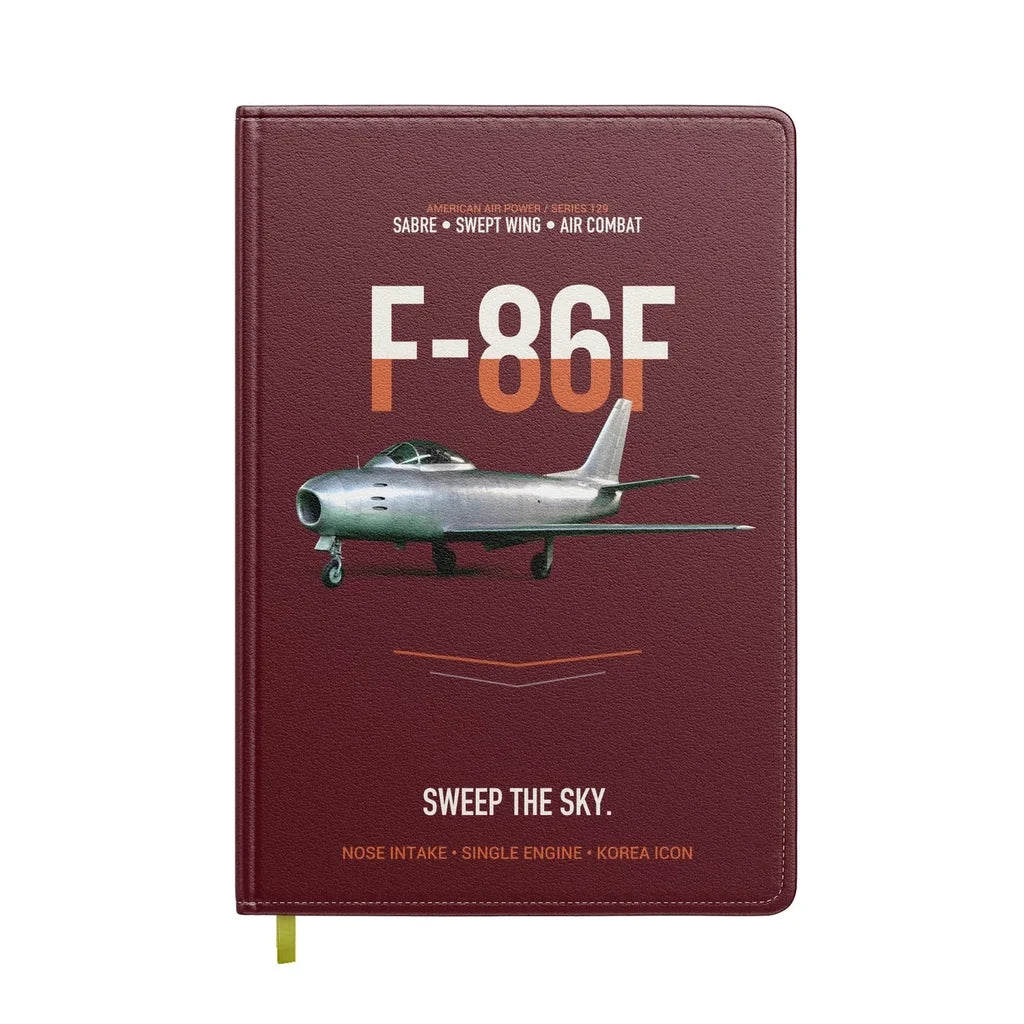 F-86F Sabre Sweep The Sky design on dark red notebook