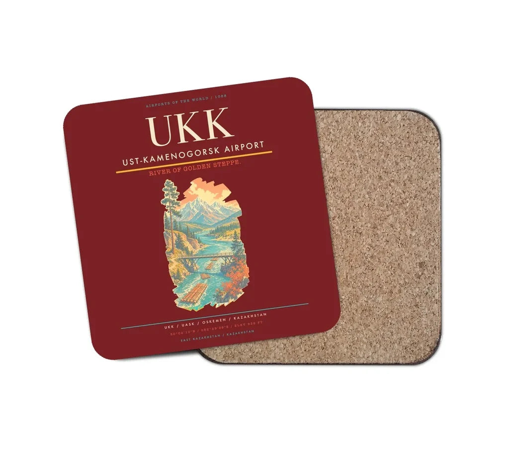 Ust-Kamenogorsk Airport (UKK) design on dark red 1 piece coaster