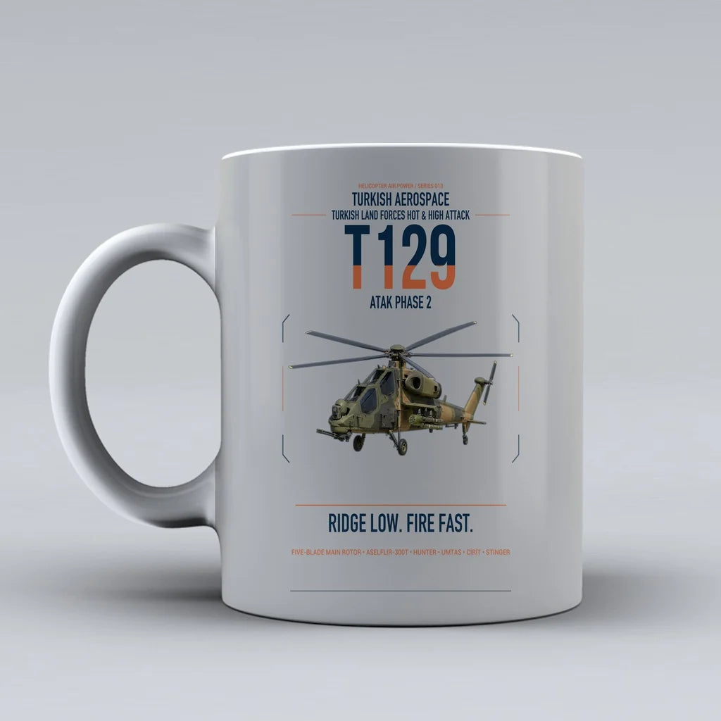 Turkish Aerospace T129 ATAK Phase 2 design on light gray ceramic mug, double-side print