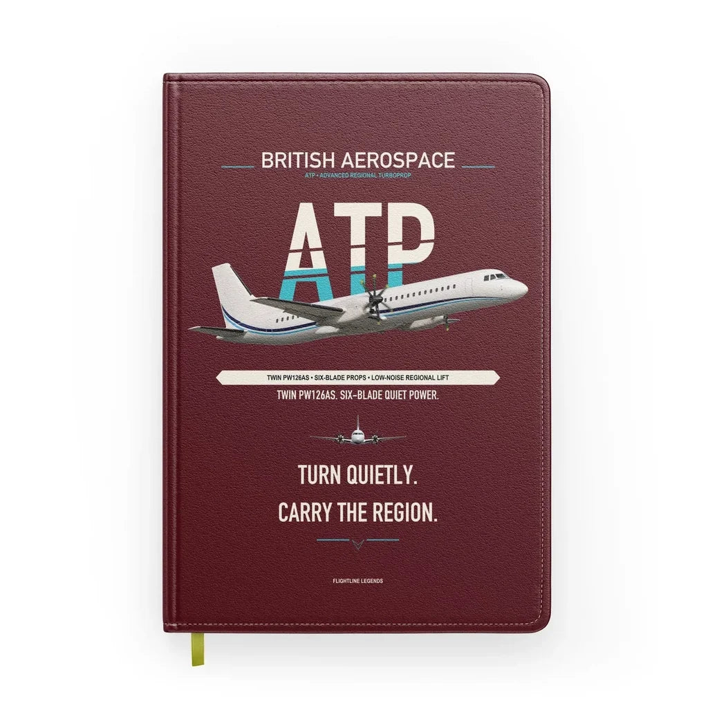 British Aerospace ATP design on dark red notebook