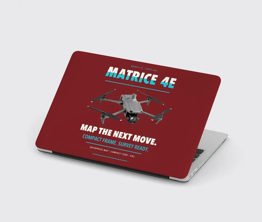 DJI Matrice 4E design on dark red MacBook case