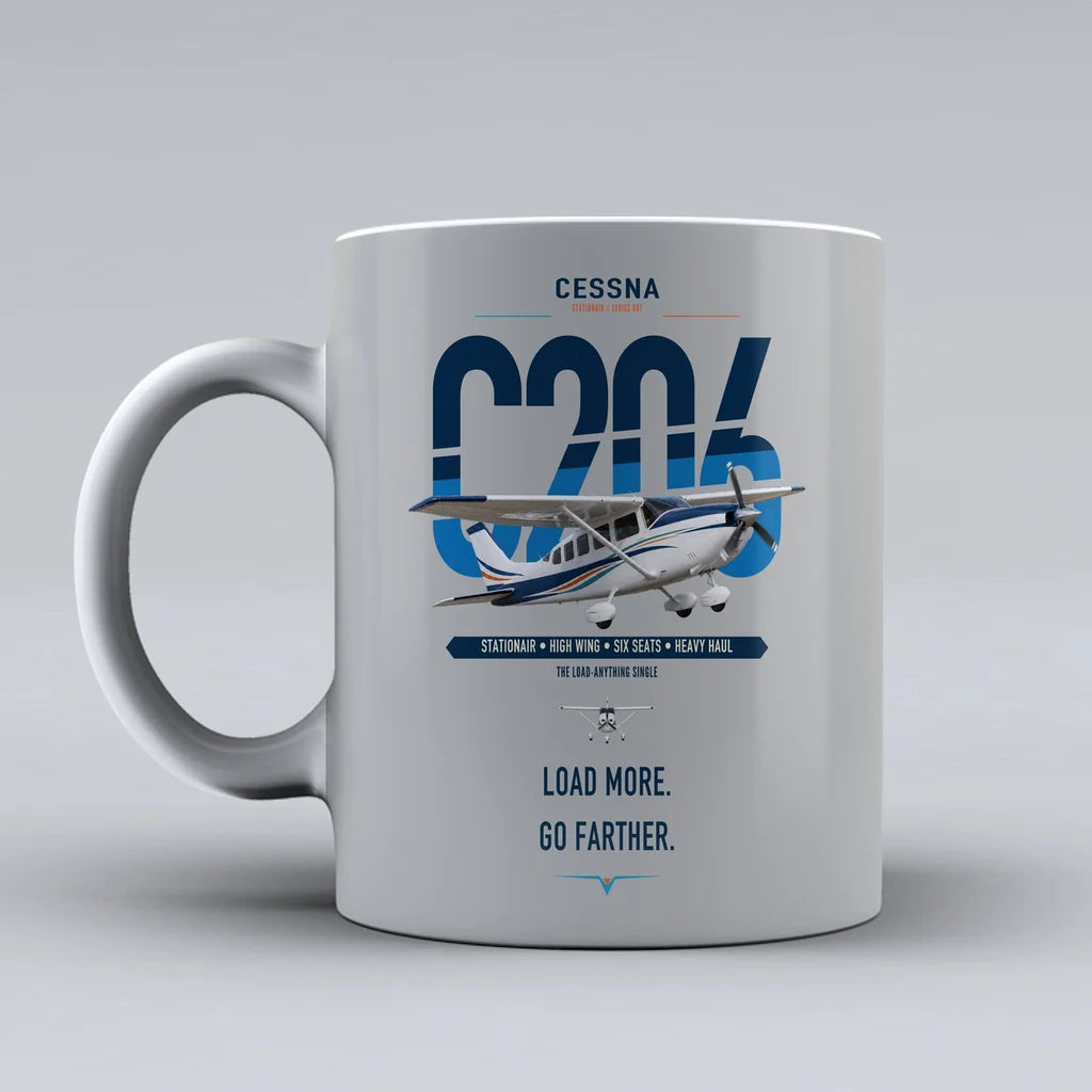 Cessna 206 Stationair design on light gray ceramic mug, double-side print