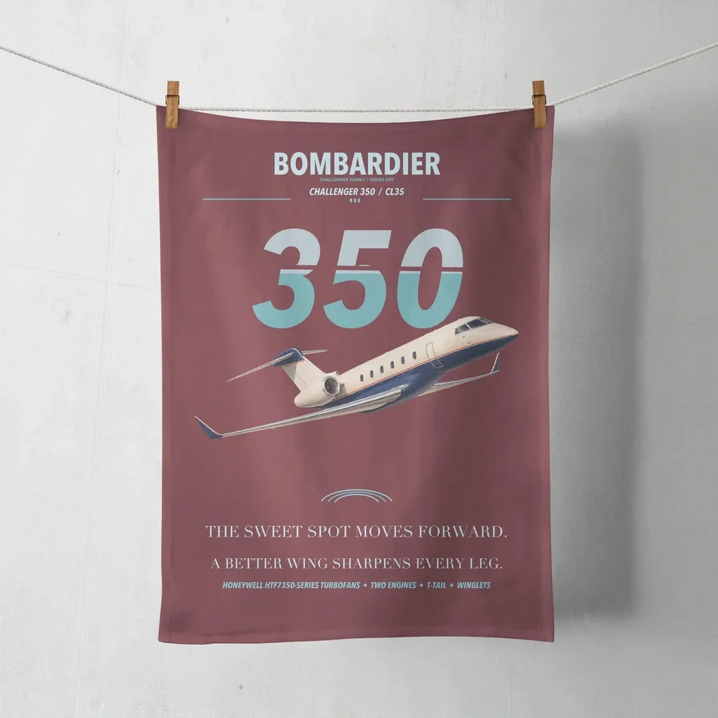 Bombardier Challenger 350 design on dark red towel