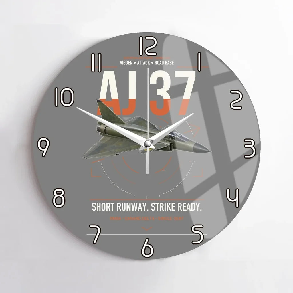 Saab AJ 37 Viggen design on gray no frame wall clock