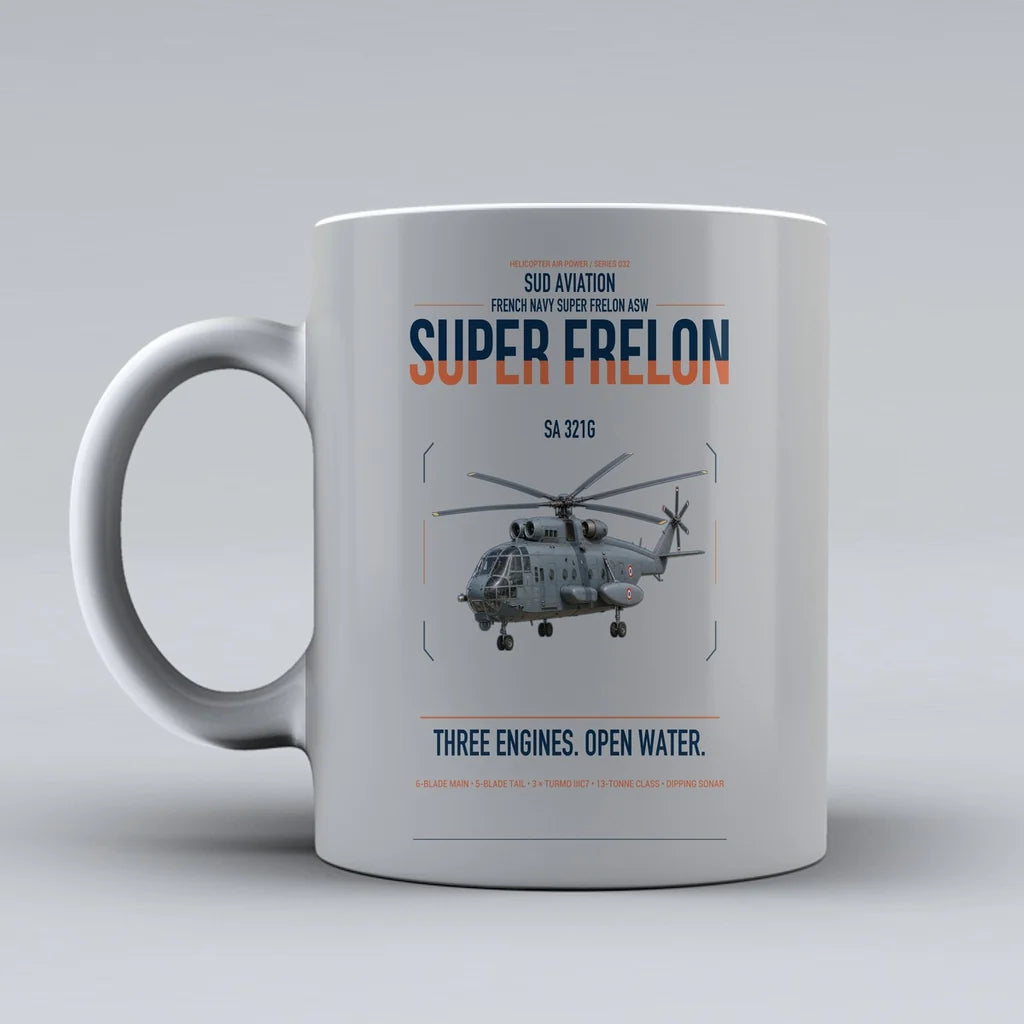 Sud Aviation SA 321G Super Frelon design on light gray ceramic mug, double-side print