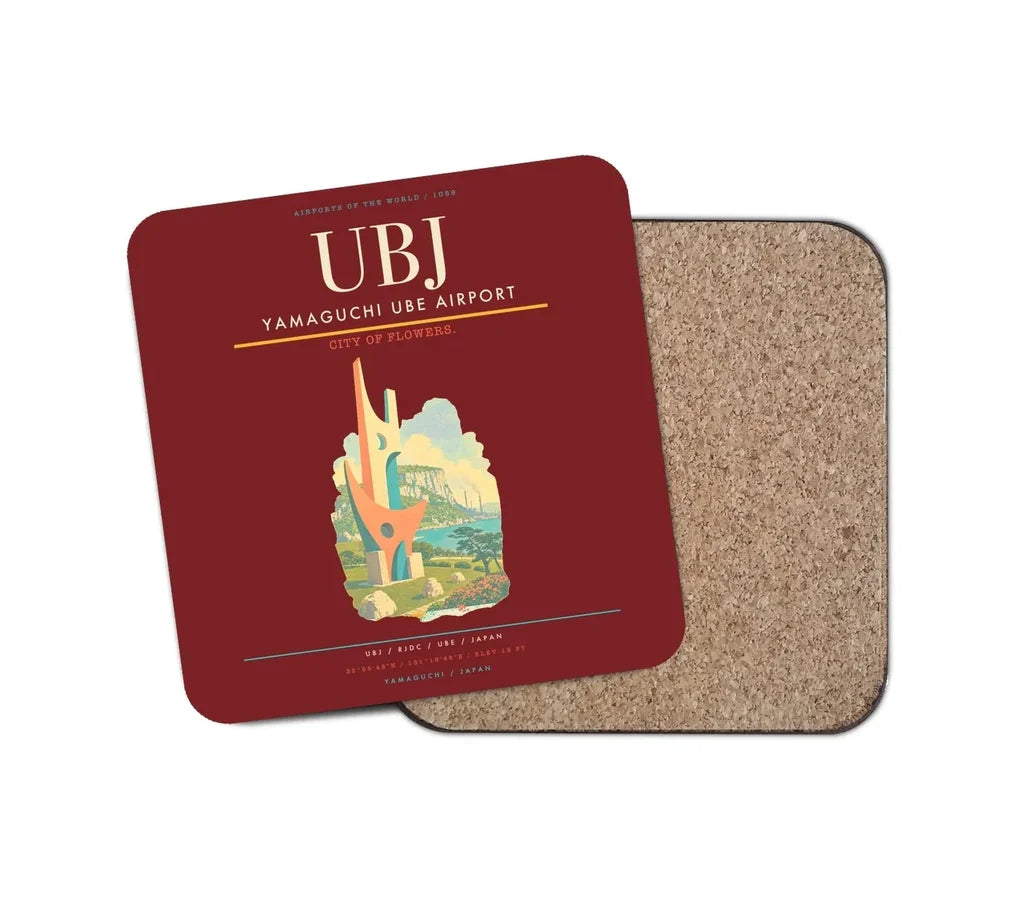 Yamaguchi Ube Airport (UBJ) design on dark red 1 piece coaster