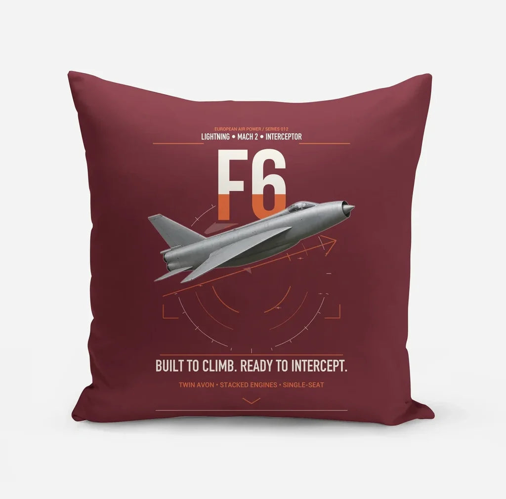 English Electric Lightning F6 design on dark red pillow