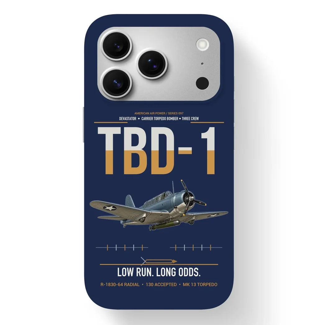 TBD-1 Devastator design on navy blue magsafe iphone case, for iPhone 17 Pro