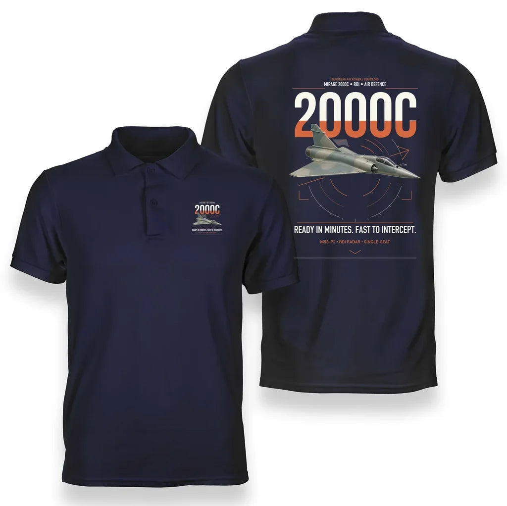 Dassault Mirage 2000C RDI design on navy blue double-side polo t-shirt, double-side print
