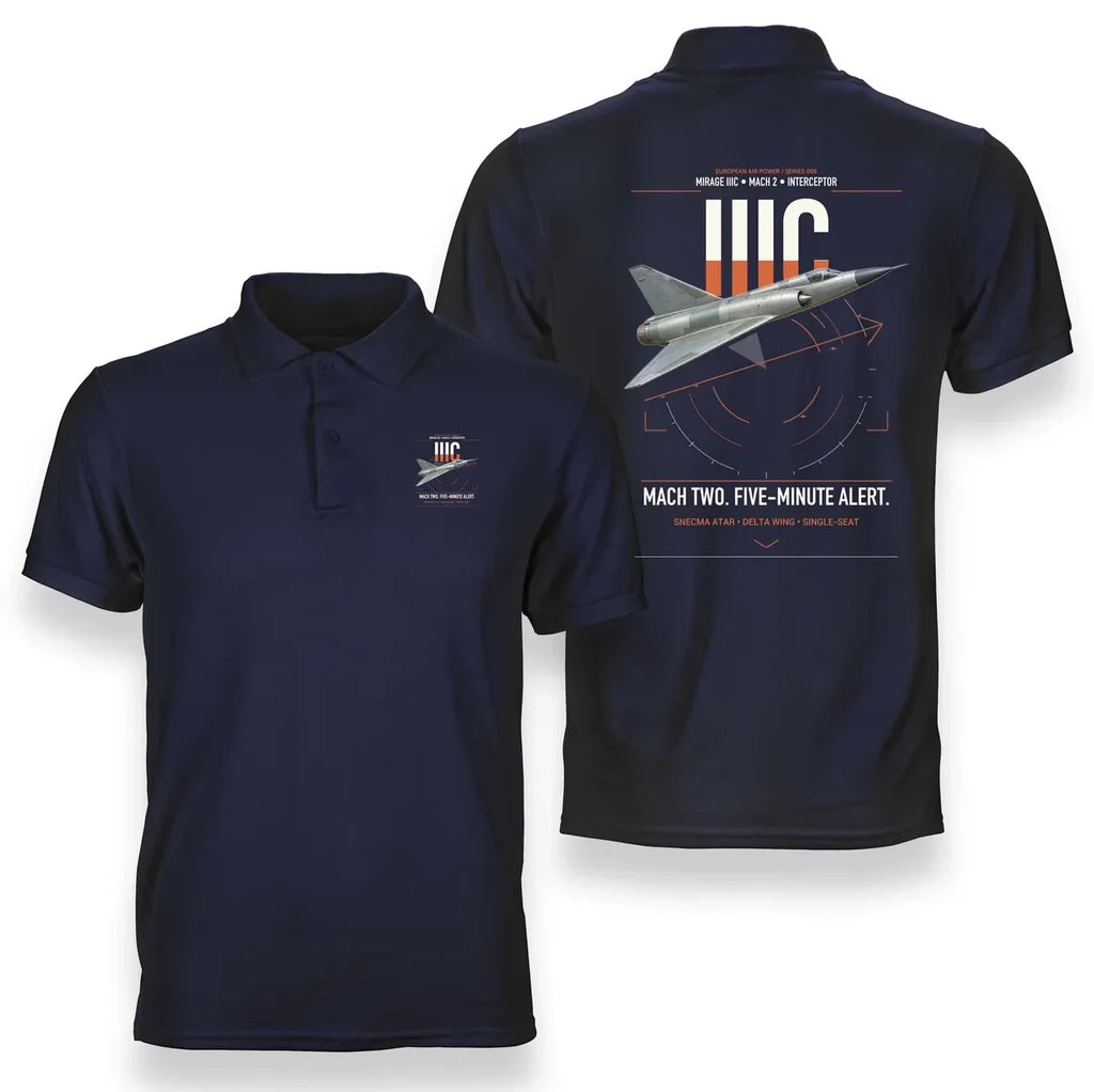 Dassault Mirage IIIC design on navy blue double-side polo t-shirt, double-side print