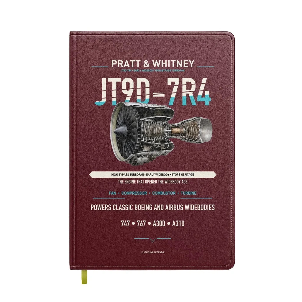 JT9D-7R4 design on dark red notebook