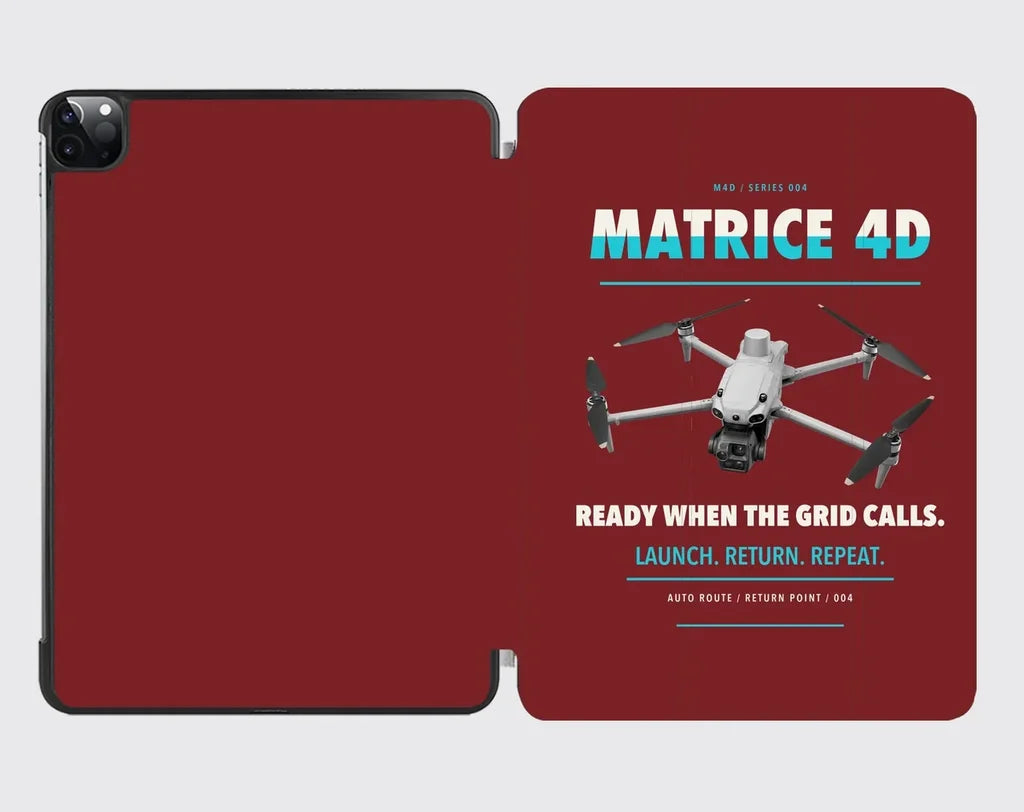 DJI Matrice 4D design on dark red ipad tablet case